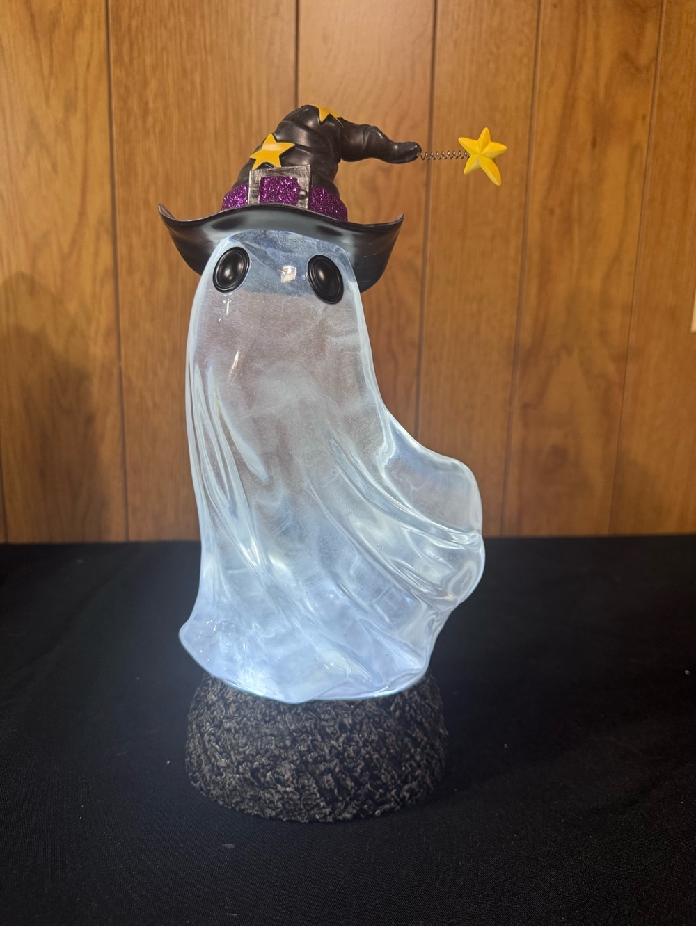 Cracker Barrel Clear Glass Ghost with Black Witch Hat and Purple Accents